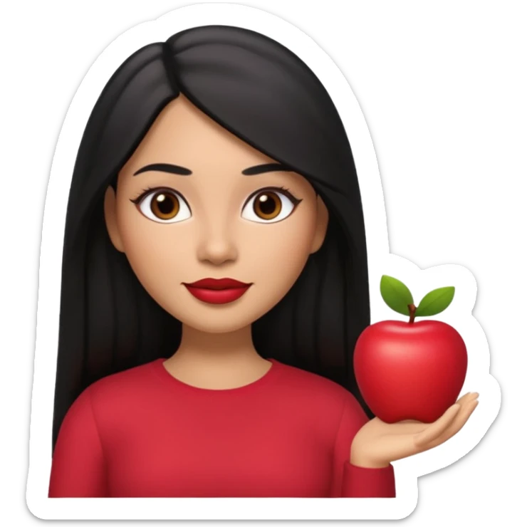 realistic Apple-style Memoji of a young Latina woman, medium warm skin tone, long straight black hair parted in the middle, defined eyebrows, almond-shaped dark brown eyes, full lips with light berry red lipstick, 3D look, soft shading, gentle smile sticker