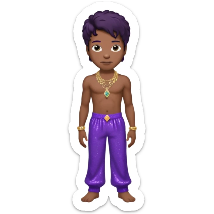 Prince Rogers Nelson with purple sequin baggy pants, shirtless with necklace, dark brown hair sticker