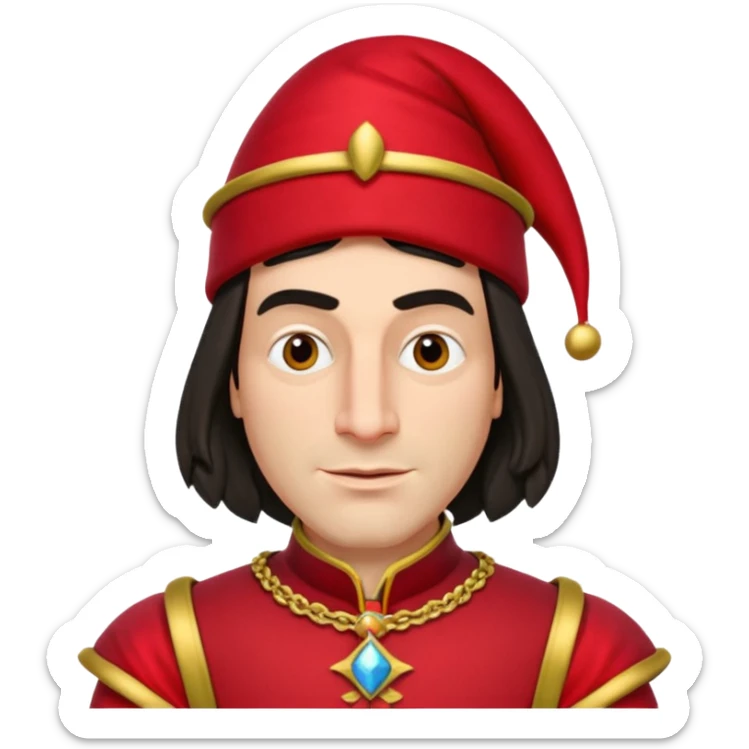 lord farquad avec un chapeau rouge plat sur le dessus, il a un vêtement rouge avec des manches bouffantes rouge et dorée sticker