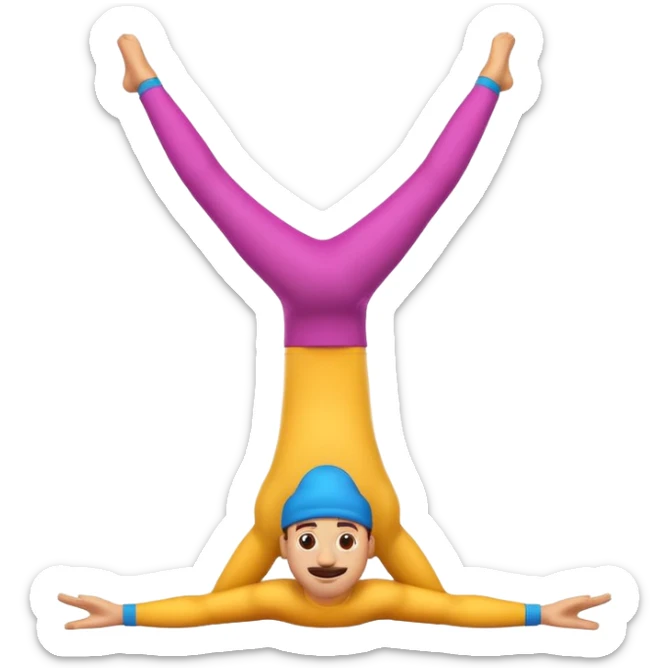 "3D man emoji doing a handstand, cheerful, colorful cartoon style, bright vibrant colors, simple background." sticker