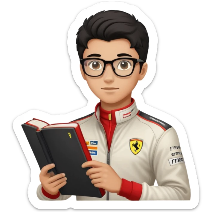 Niño adolescente de 14 años pero parece de 17, alto, musculoso, moreno claro, pelo de librito de color negro, usa lentes cuadrados, alto, corredor de f1, le va a Ferrari  sticker