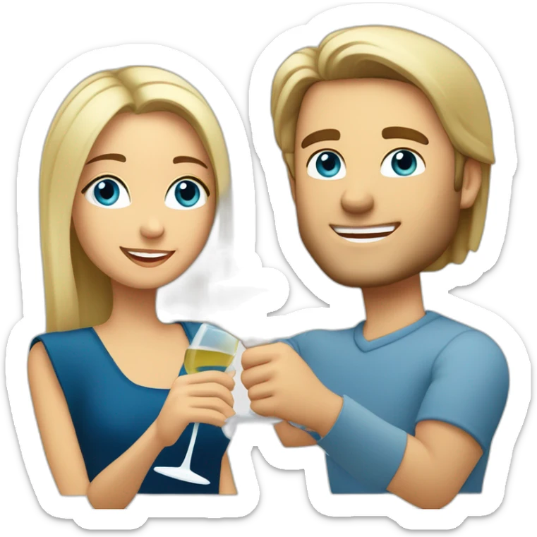 caucasian woman with brown eyes and blond medium long hair and a caucasian man with blue eyes and grey hair, toasting with a glass of white wine sticker