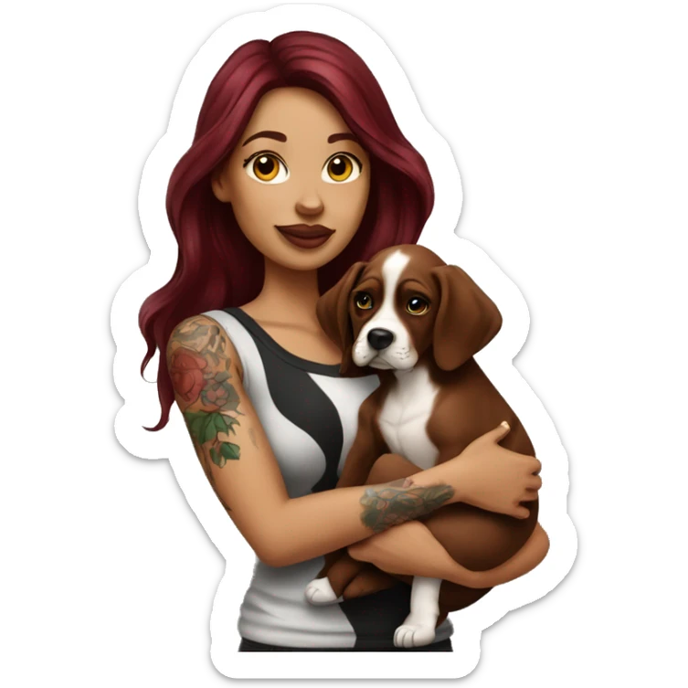 Beautiful tattooed  burgundy long haired woman holding a boxer puppy sticker