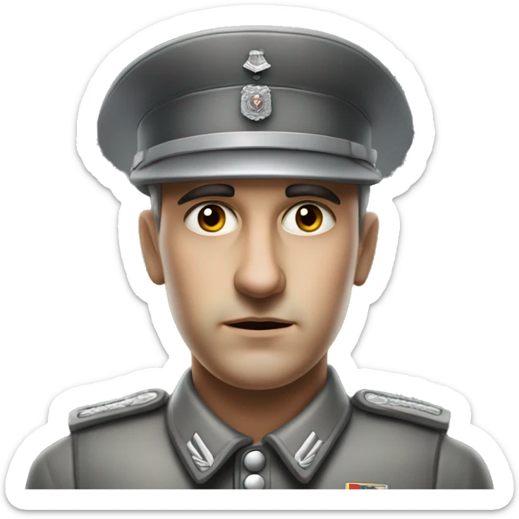 serious german soldier the middle of the XX century photorealistic gray uniform detailed face with wrinkles  sticker