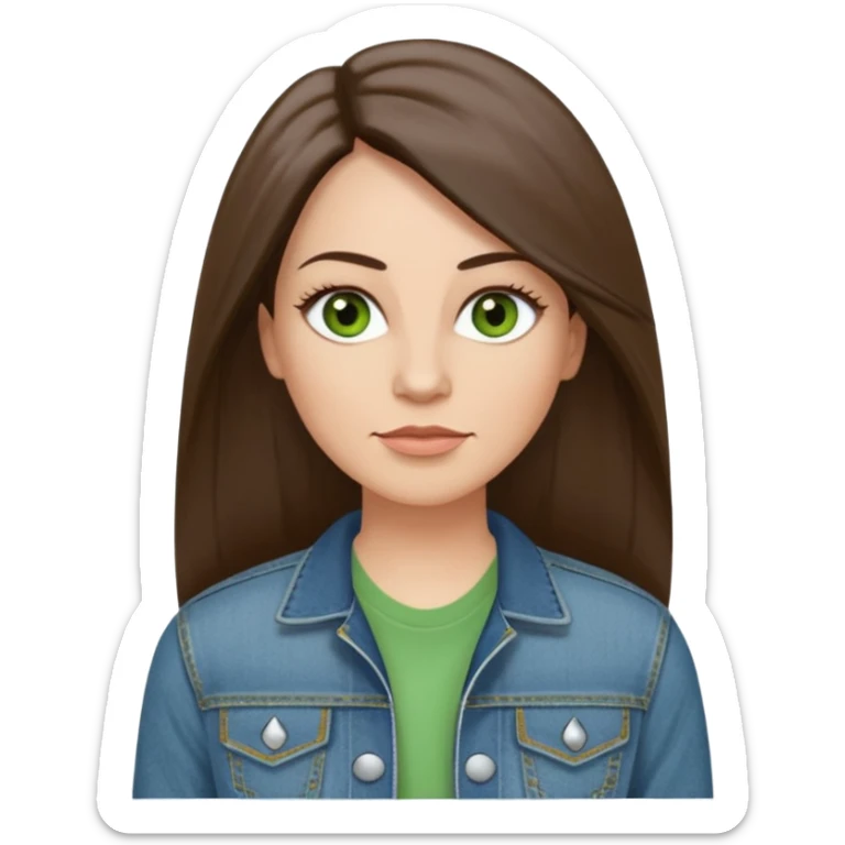 43 year old Adult woman avatar, light skin tone, long, oval face, long straight ashy brown hair, green almond-shaped eyes with dramatic eyelashes and minimal eyeliner, neutral mouth, medium straight eyebrows, small nose, smooth skin,  white t shirt, denim jacket sticker