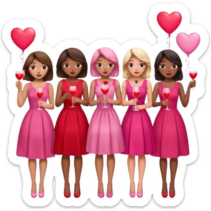galentines party : they wea red and pink dresses, hold pink and red heart balloons and pink cocktails in their hands, there is a blond girl, a brunette, an asian, and a brown skin girl sticker