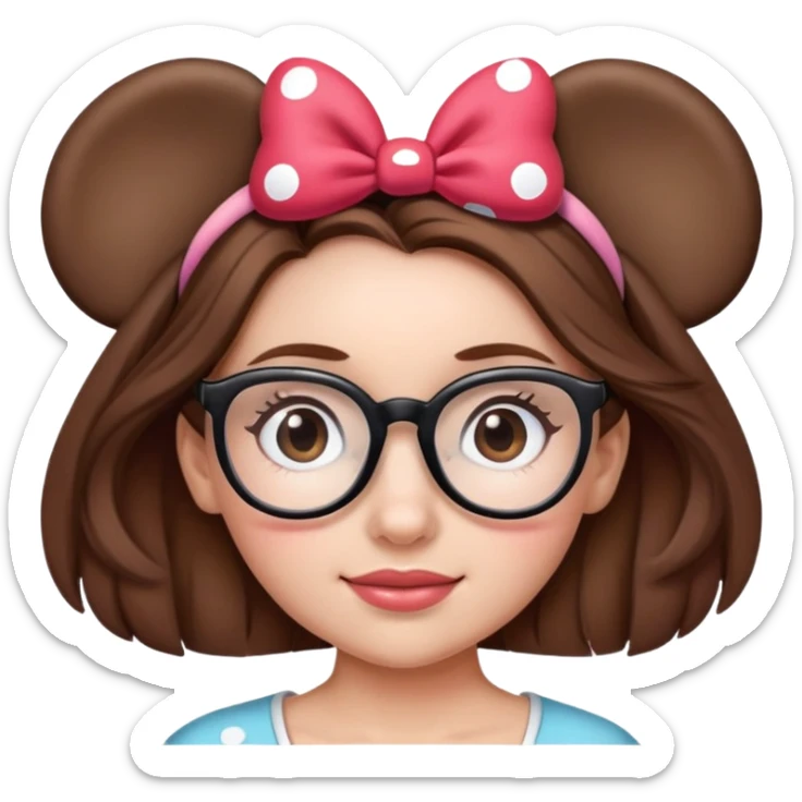 Girl Brown hair wearing glasses Minnie mouse ears headband sticker
