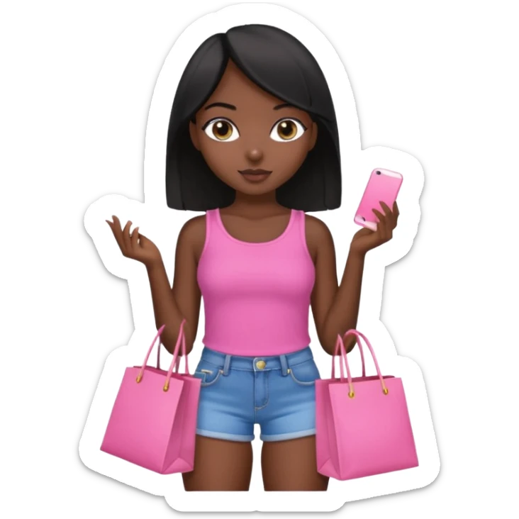 Uma menina morena cabelo liso preto olhos puxados fazendo compra com sacolas rosas  com top e short  sticker