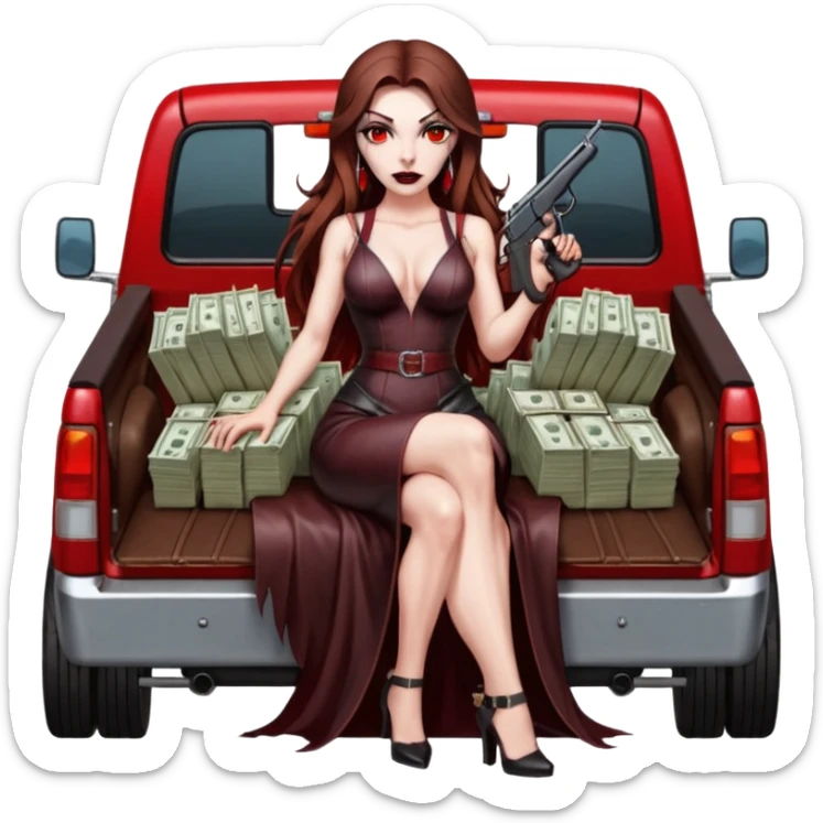 Lilith red eye seductress evil long brown haired sexy succubus woman with leather long dress with slit on, sitting in Big Large F350 pickup truck. Back seat full of stacks of cash, she is  Holding a human skull of her enemies and a gun in other hand sticker