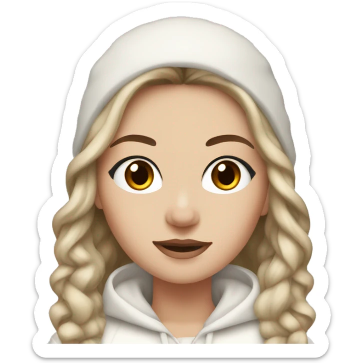 white girl with brown hair and black eyes wearing a white and brown winter outfit sticker