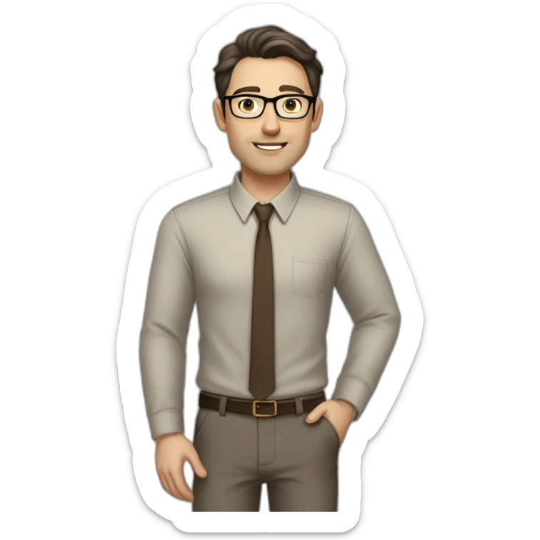Full height Pale skinned fit man with dark brown hair in gray jacket, beige office shirt, brown tie, brown pants and vintage glasses. His right hand stretched out sticker