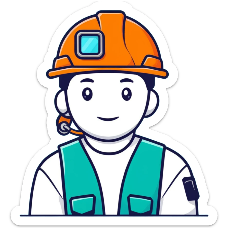 Male oil rig worker in uniform and safety helmet, minimalist design with soft gradients in sky blue, teal green, white, and light gray sticker