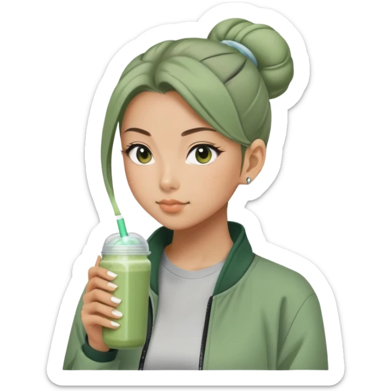 Japanese girl with sage green jacket drinking pre workout shake middle part slick back bun sticker