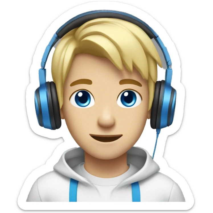 boy blue eyes blonde hair listen music with headphones with blue sweat sticker