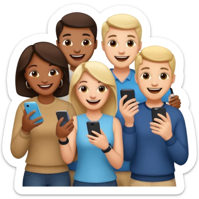 I want to generate a 3d image to show a group of friends playing a mobile trivia game sticker