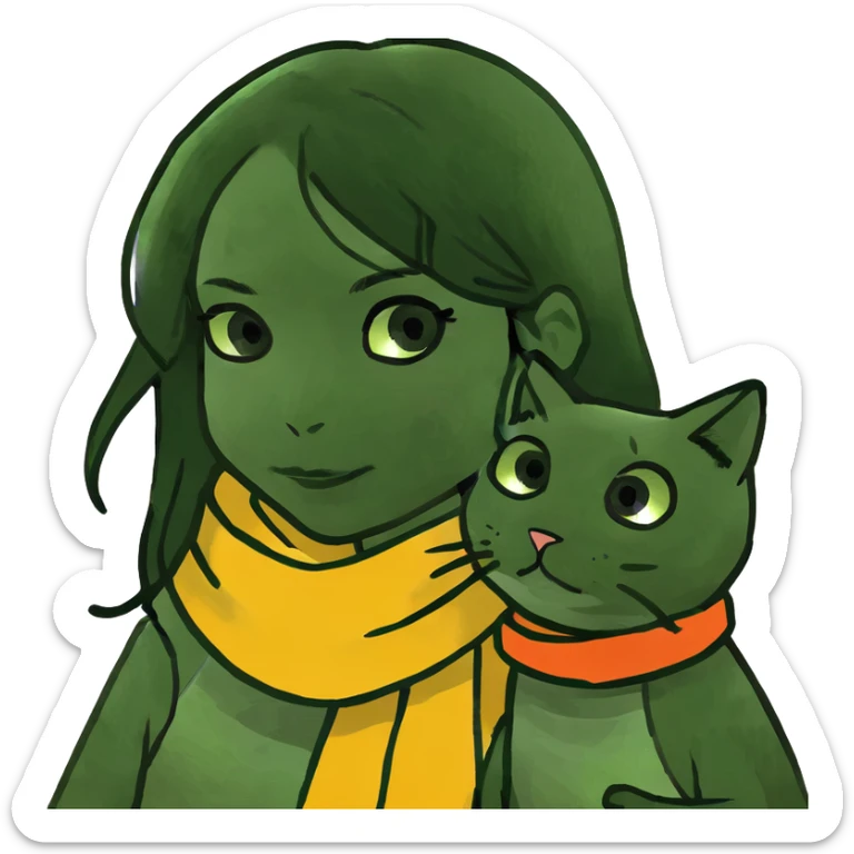 a long black hair girl holding a jinjila cat sticker