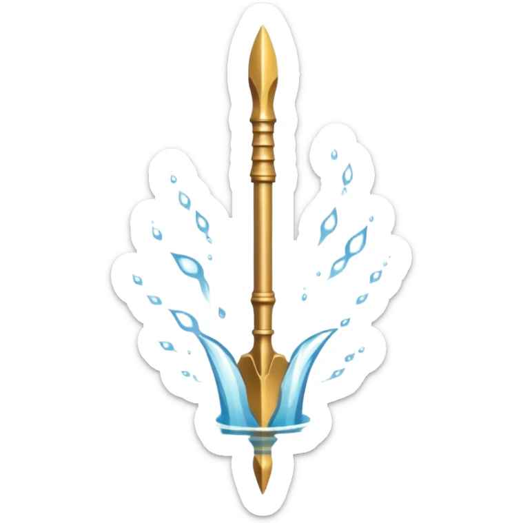 Golden three-pronged spear, water swirling around it, symbol of the sea. sticker
