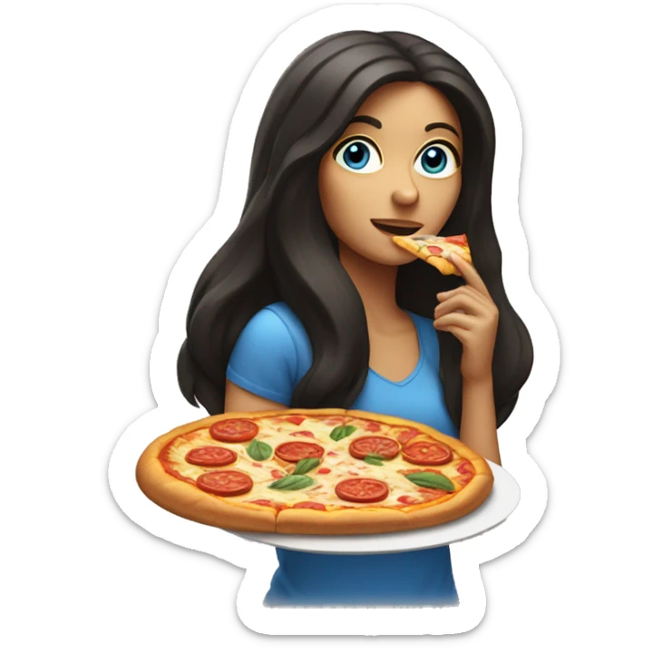 Woman with long dark hair and blue eyes eating pizza  sticker