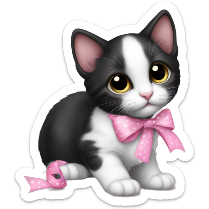 Baby Full body Tuxedo kitten with a pink polka dot ribbon Hazel eyes sticker