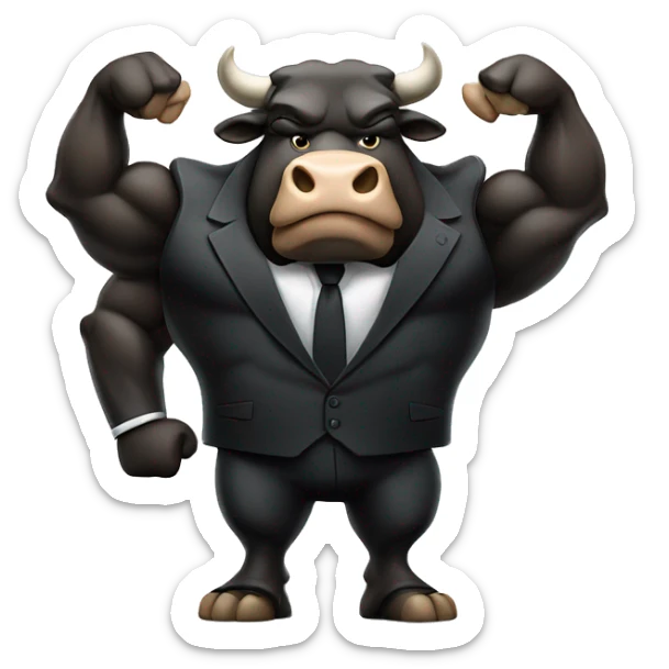 big muscular bull wearing black suit and holding a briefcase full of money with angry face sticker