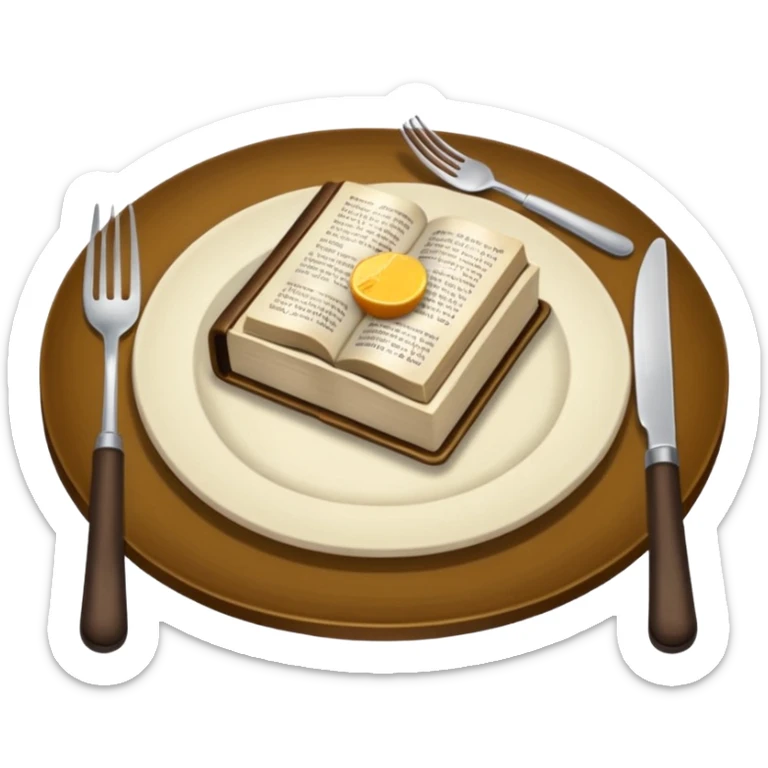 Make a plate of food, with cutlery beside it, and on top of the plate make a Bible. I don't want any glasses, and I want the Bible to be open. sticker