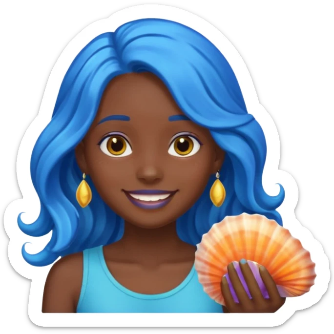 smiling dark skinned girl head, shiny long wavy blue hair with sea shells, emoji style sticker
