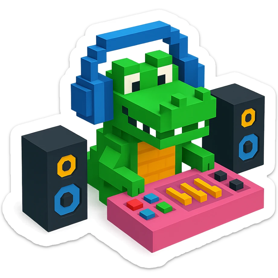 voxel style crocodile with large over-ear headphones in a music studio, isometric view, visible studio equipment like speakers and mixing desk sticker