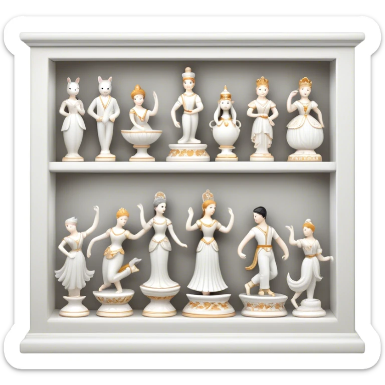 Icon for Porcelain Figurine Collecting: a collection of delicate porcelain figurines, such as animals, dancers, and historical characters, displayed on a shelf or in a display case. The icon should convey the elegance and artistry of collecting porcelain statues. Transparent background. sticker