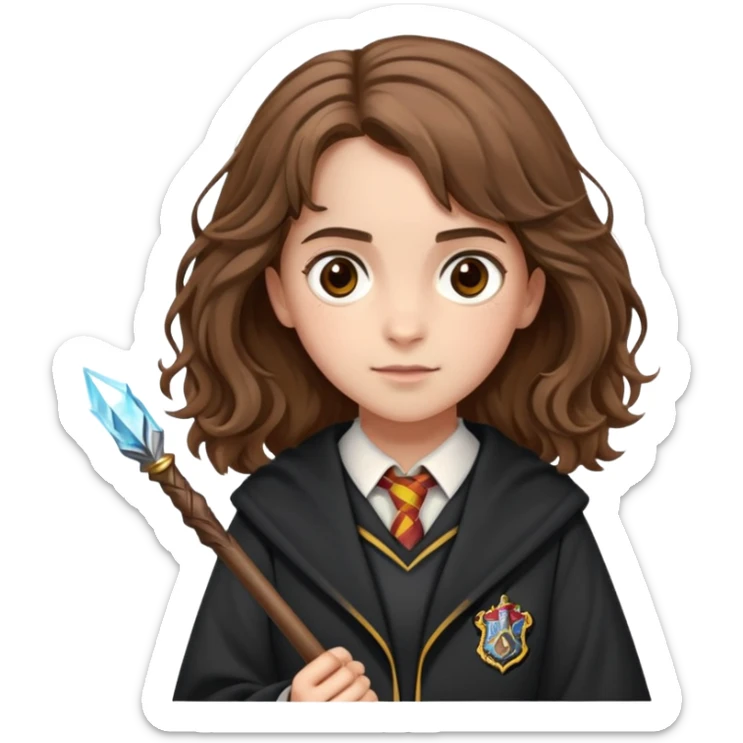 Hermione Granger with bushy brown hair, wand, and Hogwarts uniform sticker