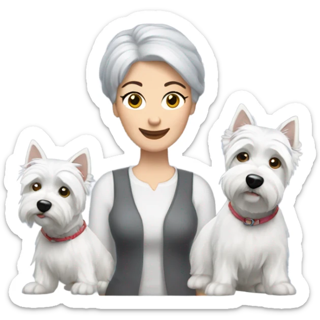  short gray hair lady blue eyes with three westie dogs sticker