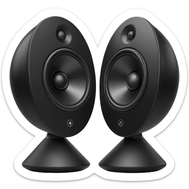 pair of big speakers emoji, deep matte black metal body, circular speaker cones with subtle depth, smooth rounded edges, minimalistic futuristic 3D style, luxury aesthetic sticker