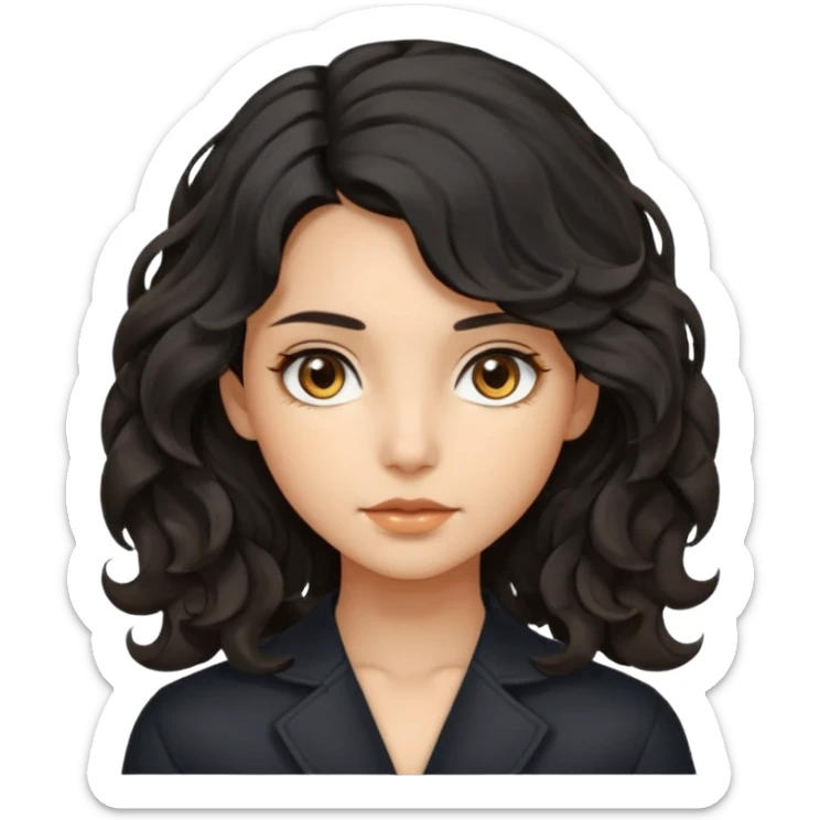 this avatar of girl has shoulder-length black wavy hair with loose curls framing the face, and a long, pointed face with golden-brown eyes and a calm, neutral expression. sticker