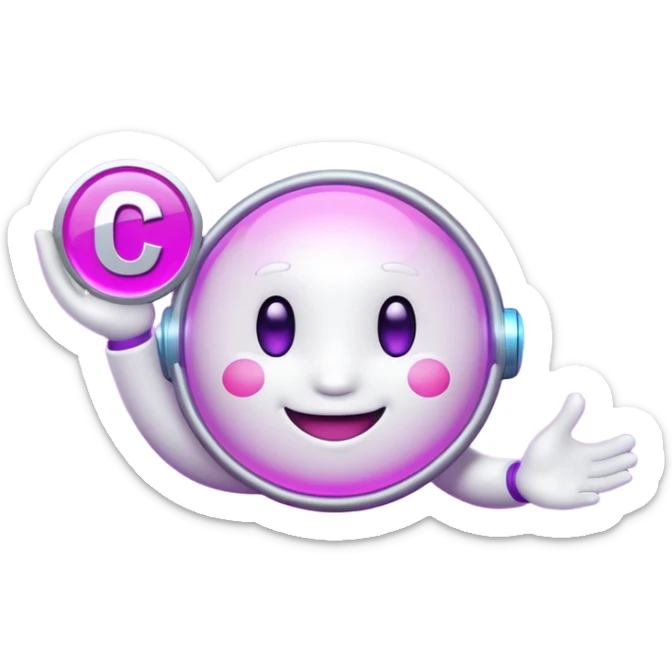 Friendly round AI mascot with a neon C badge, floating hologram in hands, purple-magenta glow. sticker