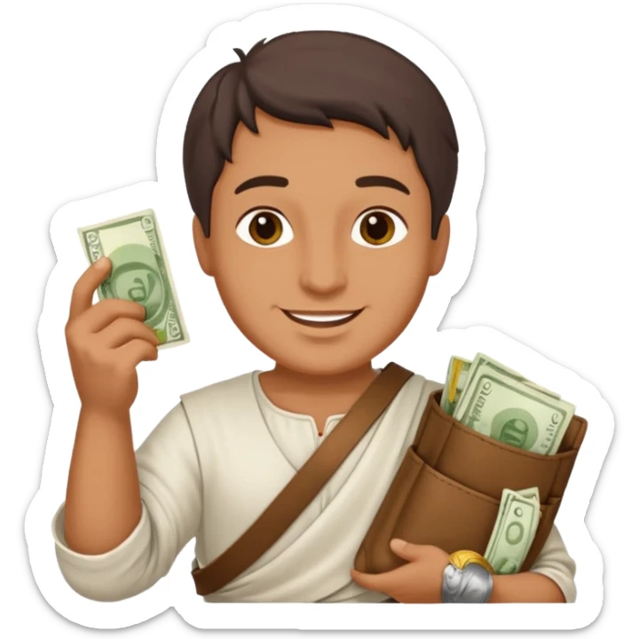 Emoji portrait of a Roman merchant. Loose-fitting clothes, holding a money pouch, cheerful expression. sticker