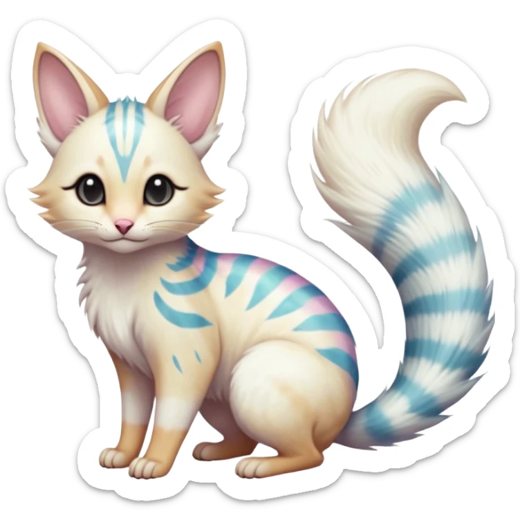  cute adorable whitish albino fur with random colorful markings iridescent beautiful elegant pretty precious cute  Fakémon-Pokémon-alien-opossum-feline-serval-caracal-chinchilla-Minccino-hybrid-creature with a big fluffy bushy striped tail (full body) sticker