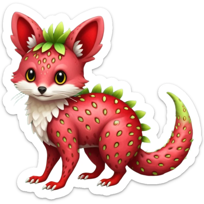 Feral Rare Fantasy vibrant tropical strawberry-colors-themed, red and sanguine, and lime-collred Vernid-Trico-species-creature by LiLaiRa, random markings, tufted tail, tufted ears, full body sticker