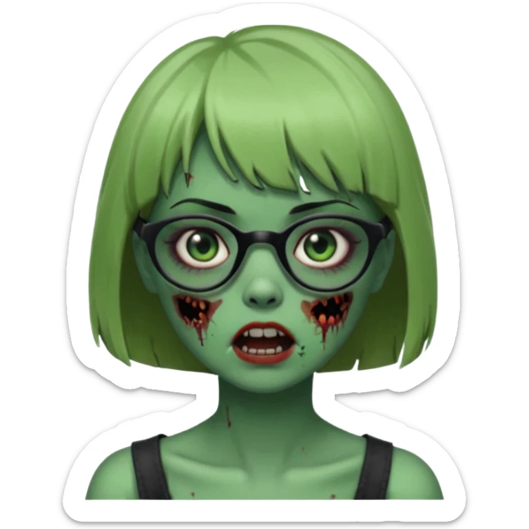 faça uma menina zumbi,da cor verde,com o cabelo curto,até o pescoço,franja,óculos pretos médios,olhos escuros,boca meio aberta e alguns machucados pelo rosto sticker
