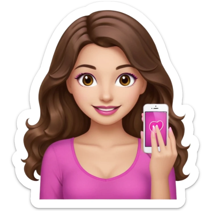 girl with long wavy brown hair, brown eyes, long lashes, sexy pink lips, light to medium complexion, wearing a pink sexy top, smiling, finger tips touching sticker