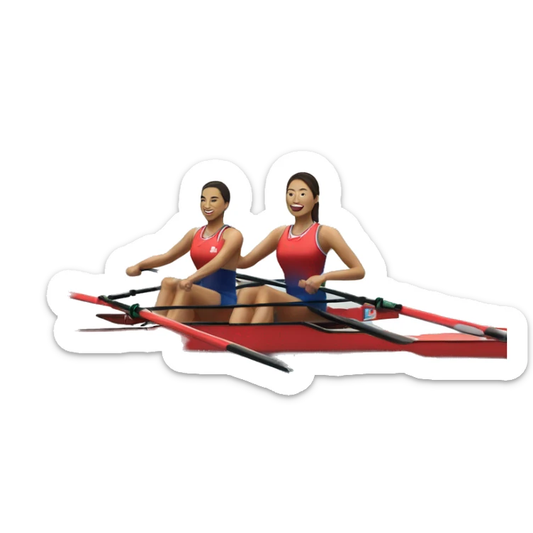 Two female rowers of different ethnicities rowing a 2x vespoli bo wearing red, white and blue jersey and sung sticker