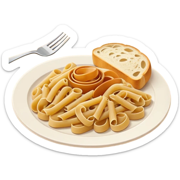 European cuisine humanless avatar in modern emoji-style illustration. Plate with pasta and bread, neutral warm colors, simple shapes, flat design, elegant and friendly. sticker