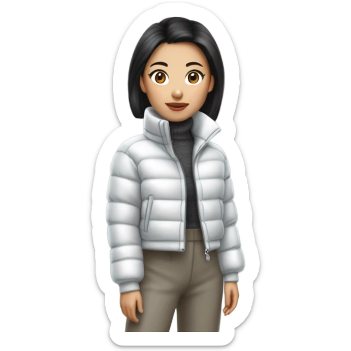 A petite Asian girl styled a cropped white puffer jacket with a glossy finish, layered over a fitted gray turtleneck sweater, pairing it with high-waisted pleated wide-leg trousers that added a touch of sophistication. sticker