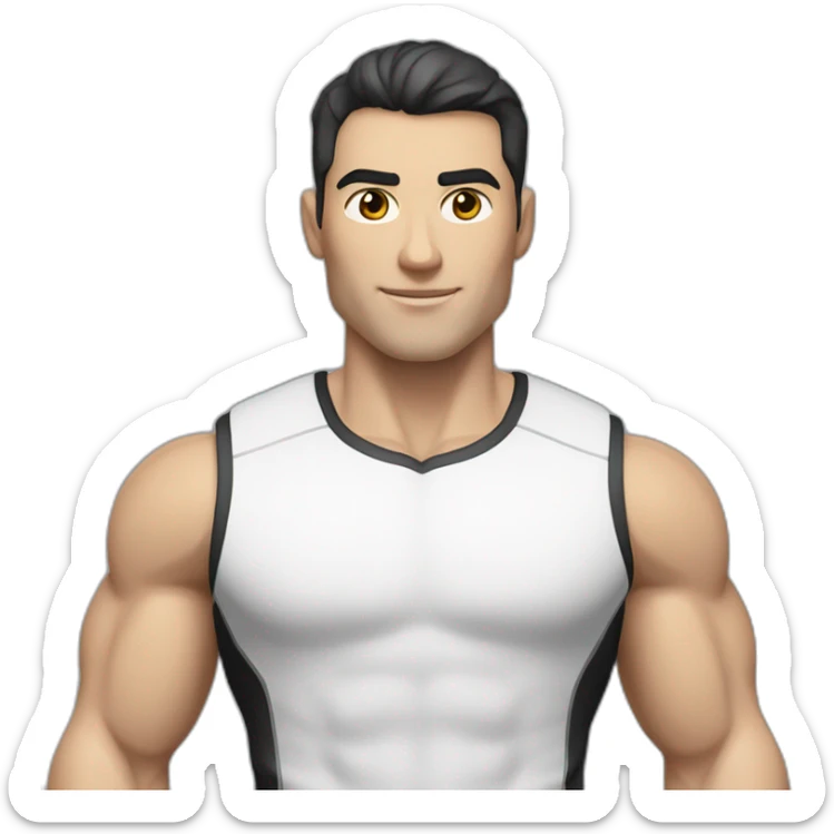 Pale skinned Fit Man With the biceps and dark brown hair in black shirt, gray sports shorts and white Sneakers sticker