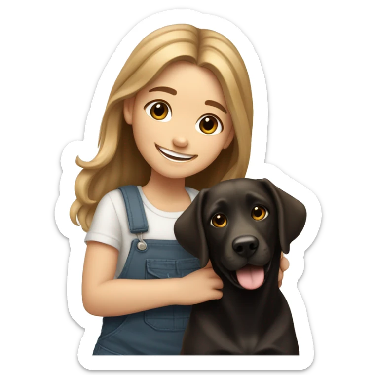 White cute girl with long ligth brown hair smiles, and dog like labrador black and white sticker