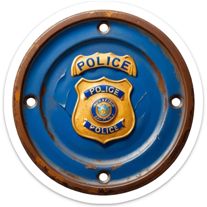 cinematic - aesthetic brilliant divine lighting, oil paint - antique police plate rusty, crumpled and broken sticker