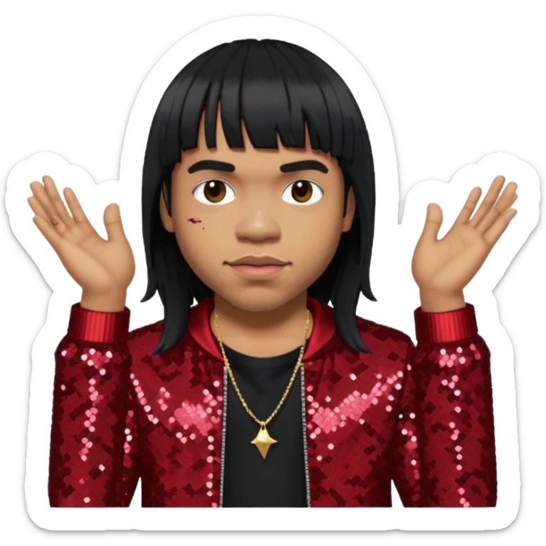 Anderson Paak with long platinum black hair with bang, dark red sequin outfit sticker