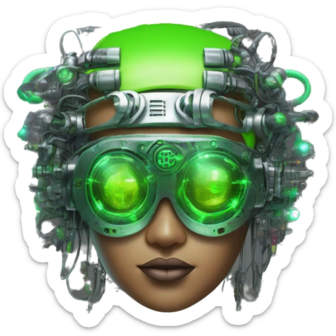 Neon green bobbed hair Latina female cyborg head with silver steampunk goggles and circuits sticker