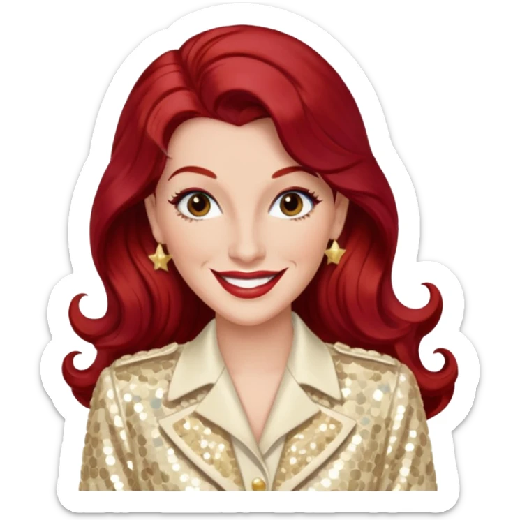 LaVerne Andrews from The Andrews Sisters with long dark red hair, cream sequin outfit sticker