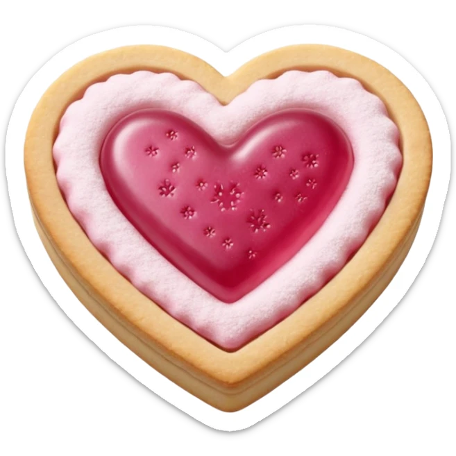 Realistic shortbread cookie in the shape of a heart with pink jelly middle filling and sprinkled powder sugar on top. sticker