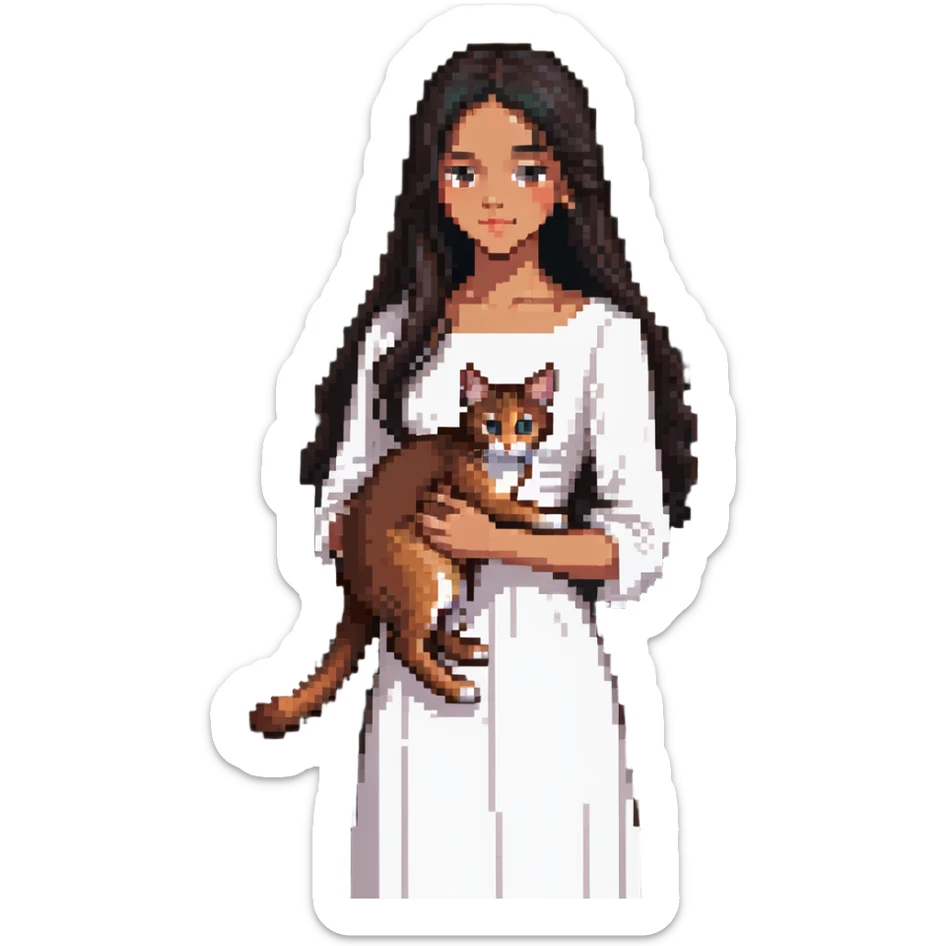 beautiful girl with long black hair wearing a white dress holding an Abyssinian cat with reddish-brown fur in her arms, side view sticker