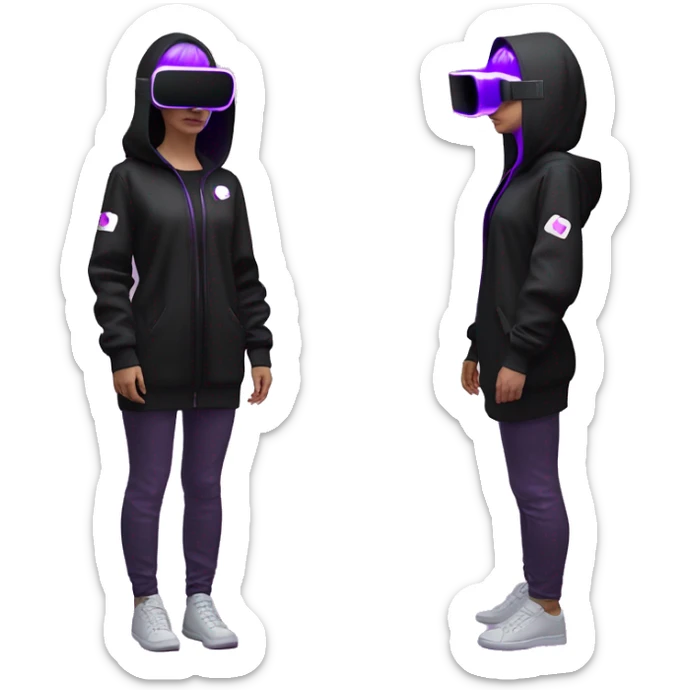 Russian girl wearing black hoody with violet letters "OMG", in vr headset oculus quest2. Standing like jedi. Cyberpunk style. Violet neon. sticker